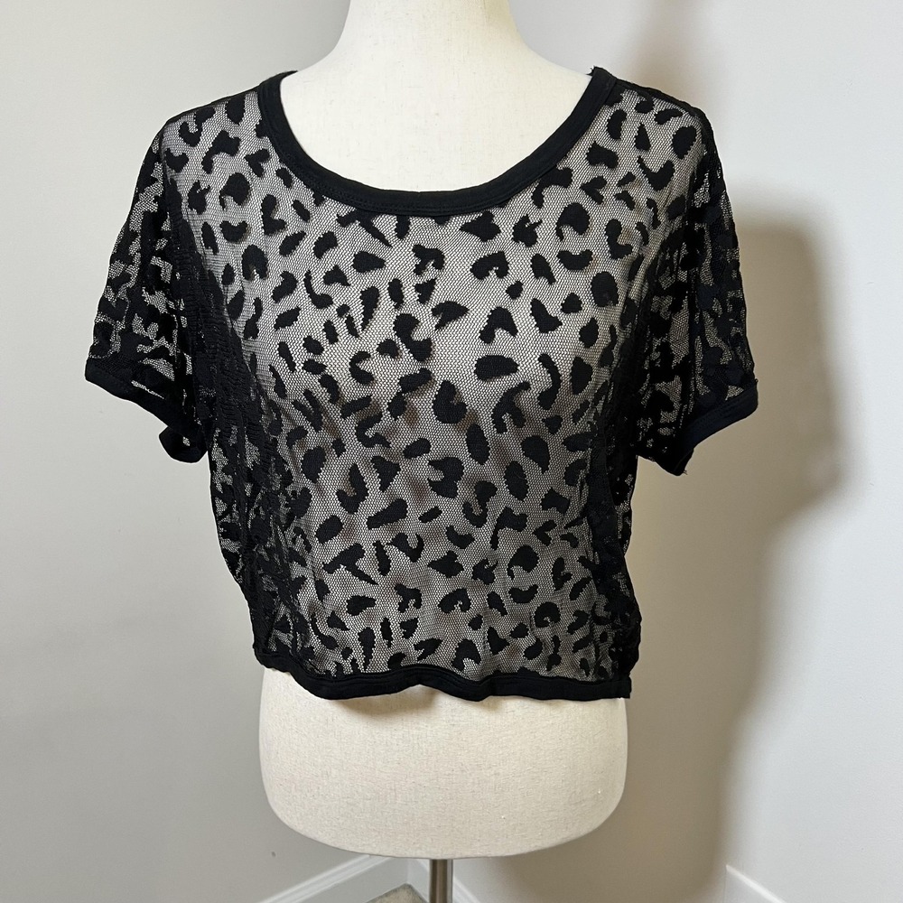 Wet Seal Womens XS Black Sheer Leopard Mesh Lace Crop Top Y2K Grunge Whimsigoth